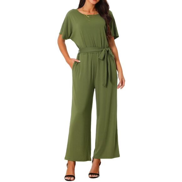 Belted High Waist Wide Leg Casual Dressy Jumpsuits Army Green - Picture 1 of 6